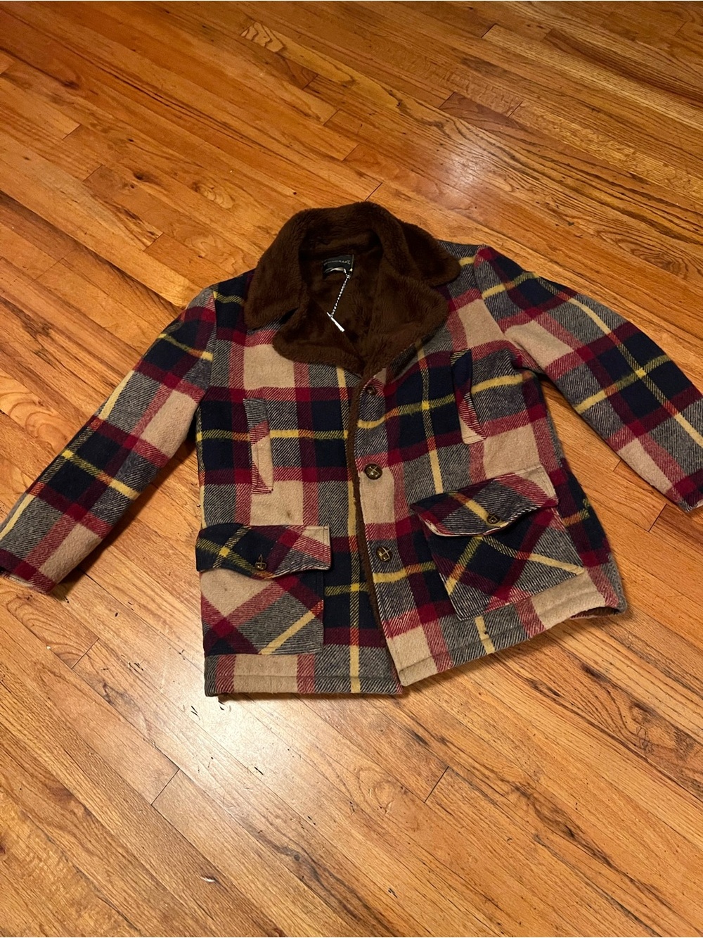 Vintage Towncraft Plaid Wool Pea Coat with Brown Faux Fur Collar